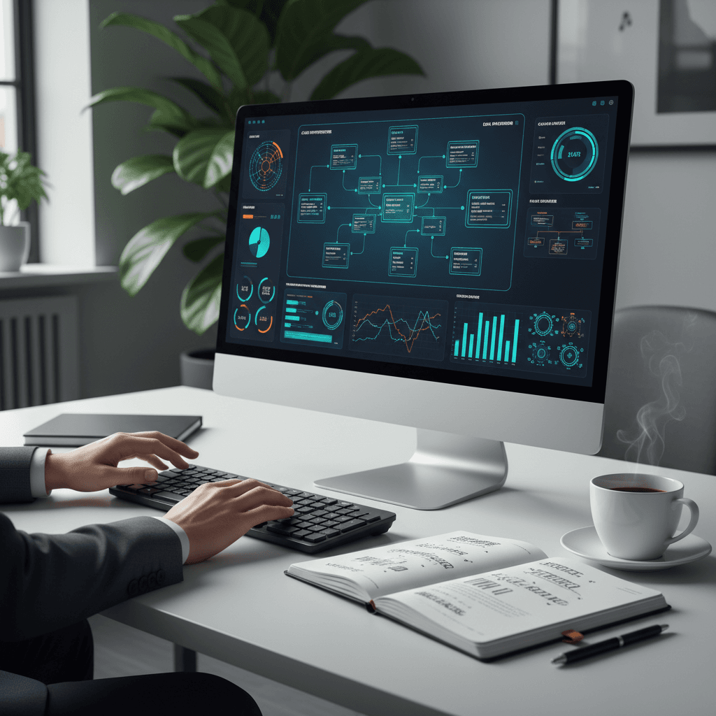 Arquiteto de soluções revisando diagramas técnicos de sistema em um monitor moderno