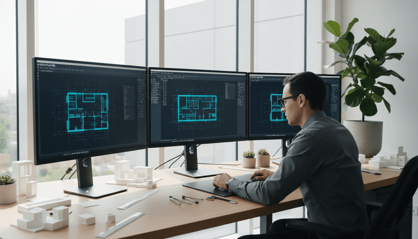 Marcos Macedo trabalhando em arquitetura de sistemas com múltiplos monitores