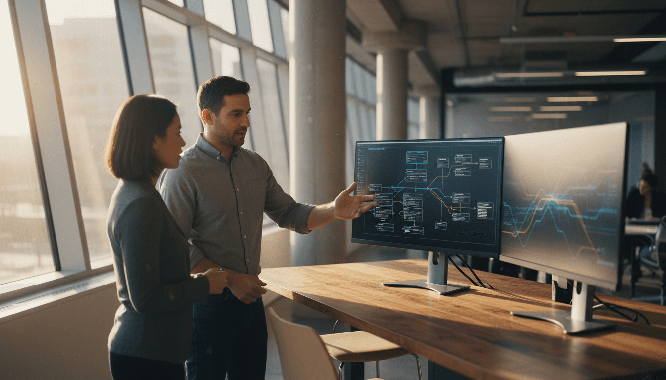 Arquiteto de soluções apresentando diagramas técnicos em múltiplos monitores