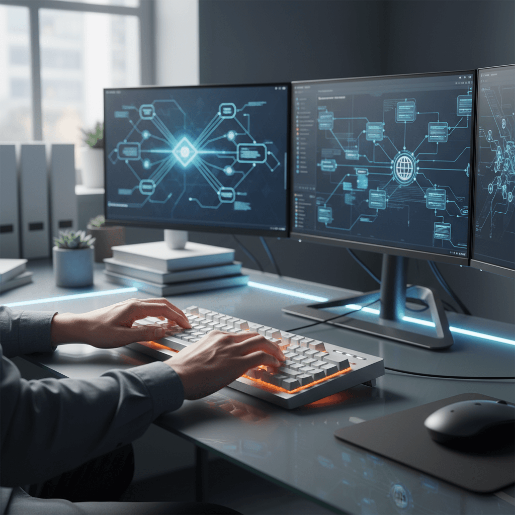 Arquiteto de soluções revisando diagramas de arquitetura de sistemas em monitor profissional